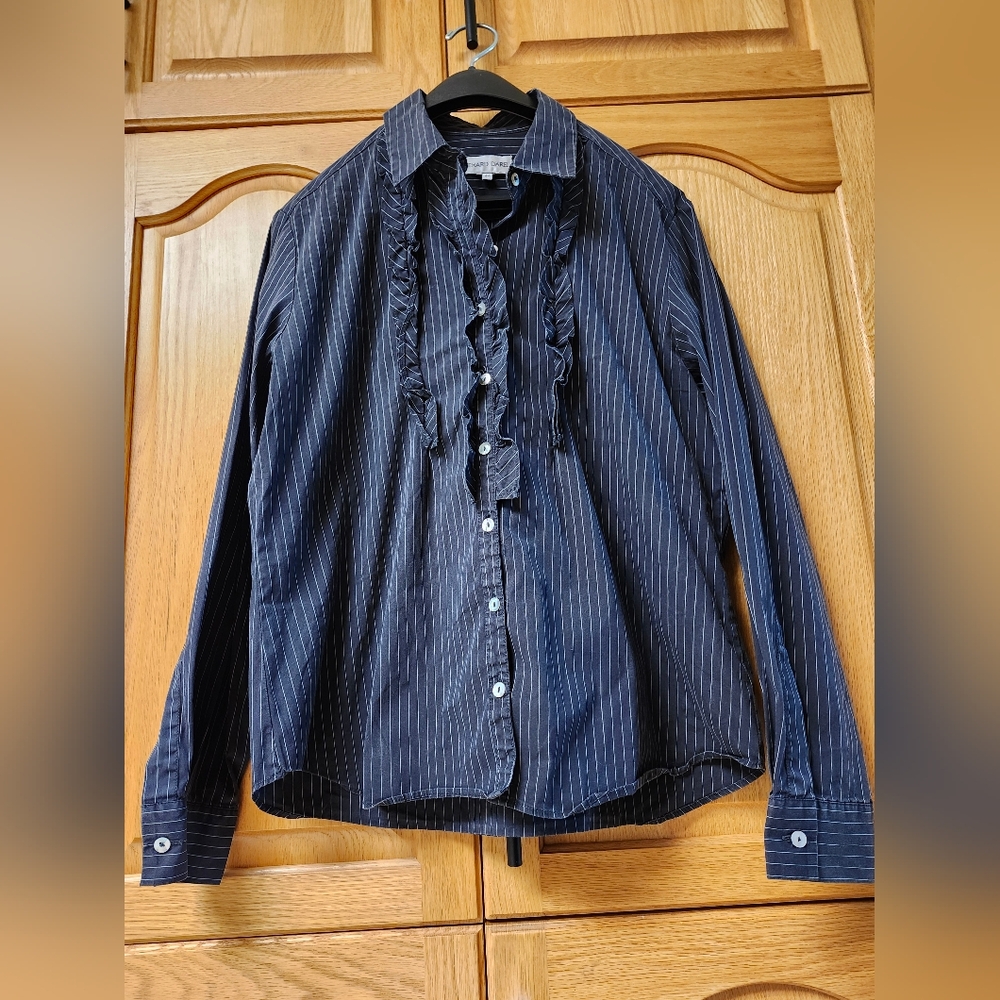 Womens Black Pinstripe Ruffle Front Blouse Size 44